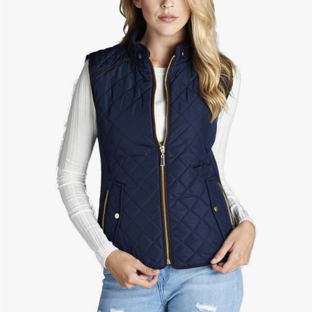 Women’s Navy Quilted Vest with Gold Zipper and Buttons, Size S